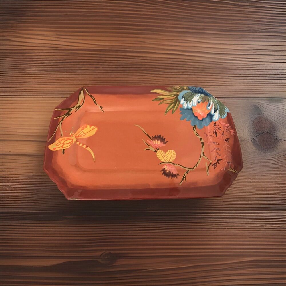 Tracy Porter Rhapsody Rectangular Tray Painted Brick Red Floral Dragonfly 12x8